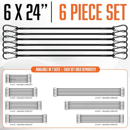 24 Inch Bungee Cords with Carabiner Hooks - 6Pcs Heavy Duty Outdoor | Black Bunjee Chords 2 ft - Strong Bungee Straps UV & Weather Resistant - Rubber Bungy Cords 200lb Strength - size: Black 24" (6 Piece)