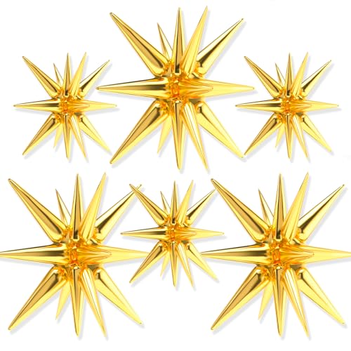 PartyWoo Metallic Gold Star Foil Balloons 6pcs Different Sizes Pack of 27 22 Inch Explosion Spike Mylar Balloons for Graduation Wedding Anniversary Bachelorette Engagement Birthday Party Decorations - color: Gold, size: 6 PCS - 27&22 Inch