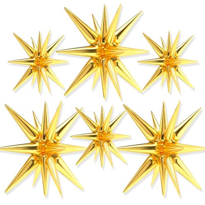 PartyWoo Metallic Gold Star Spike Foil Helium Mylar Balloons 6pcs - color: Gold, size: 6 PCS - 27&22 Inch