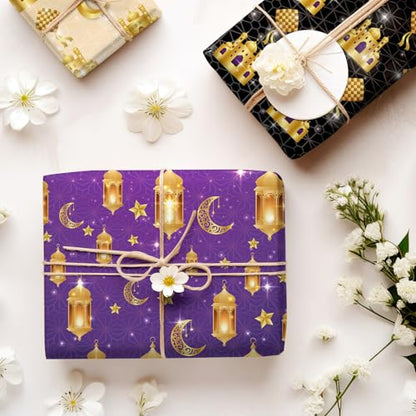 FYSUIMU 12 Sheets Eid Mubarak Wrapping Paper -Not Roll- 6 Colors Gift Wrap Paper Folded Flat Gold Mosque Moon Star Craft Paper for Ramadan Muslim Party Supplies, 19.7 x 27.6 Inch