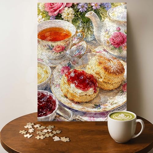 British Tea and SCONES Food Jigsaw Puzzle - 500 Pieces Wooden Puzzle for Adults, Wall Art Gift, Finished Size: 20 x 15 Inch - color: British Tea and Scones - 500 Pieces