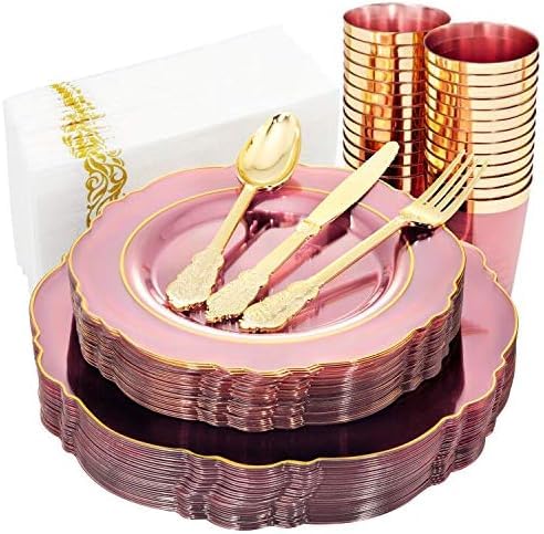 KIRE 210Pcs Clear Pink Plastic Plates with Gold Rim - Disposable Pink Plates for Party - 30 for Dinner 30 for Dessert 90 Silverware 30 Napkins 30Cups for Upscale Wedding/Party/Baby Shower - color: Clear Pink and Gold