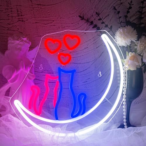 Two Cats on Moon Neon Sign Christmas Cat Cute Couple Kittys Neon Lights for Wall Decor,Kawaii Animal 3D LED Neon,USB Light Up Signs for Girls Bedroom Bar Home Party Valentine's Day Cat Lovers Weddings - color: Moon Cats