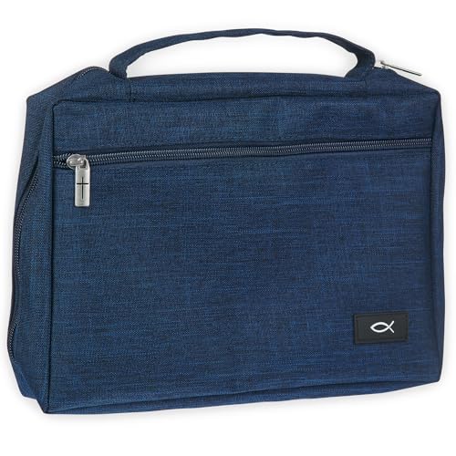 Christian Art Gifts Polyester Bible Cover for Men & Women w/Jesus Fish Patch, Zipper Pocket, Pen Loops, Easy Carry Book Case for Stationery, Accessories, Navy Blue, Medium - color: Navy Blue/Jesus Fish, size: Medium