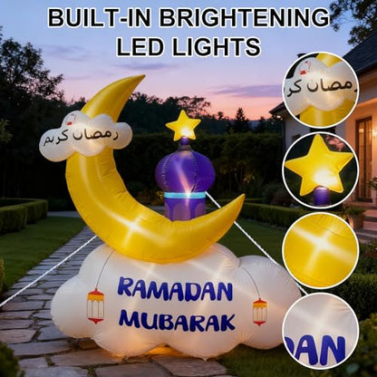 6FT Outdoor Inflatable Ramadan Moon Decoration, Blow Up Islamic Eid Decor with LED Lights, Waterproof Inflatable Ramadan Eid Mubarak Holy Celebration for Celebrate Fasting Introspection and Prayer - style: Purple
