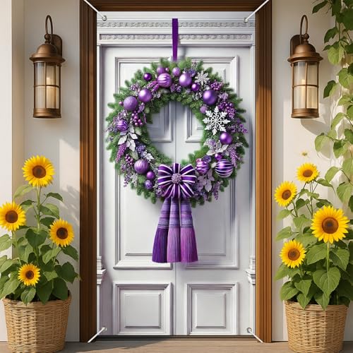 IVN Christmas Door Cover 71x35 Inch Holiday Front Porch Door Banners Decoration Winter Purple Ornament Pine Bow Sier Leaves for Sign Background Holiday Party Indoor Outdoor Decor - color: Purple Ribbon