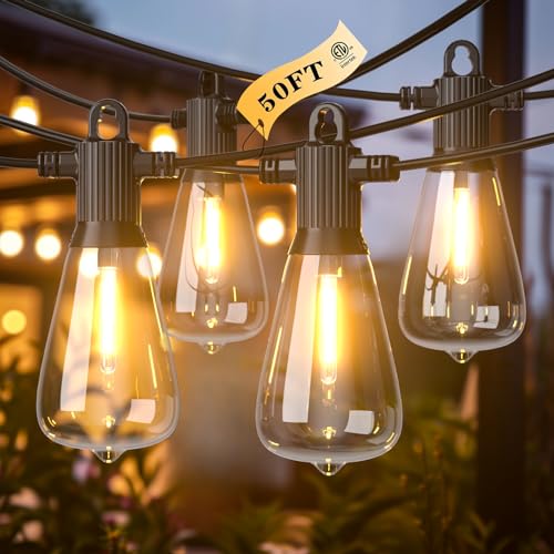 Kawaya 50FT Outdoor String Lights - Outside LED Patio Light with 25+2 Shatterproof Vintage Edison Bulbs - 2700K Dimmable IP65 Waterproof Hanging Lighting for Yard Porch Deck Balcony Bistro Cafe Party - size: 50FT