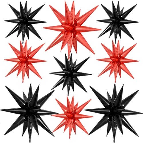 9Pcs Red and Black Star Balloons, Explosion Spike Foil Balloons Party Decor - color: Black + Red