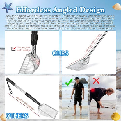 Upgraded 2Pcs Shark Tooth Sifter,Beach Sand Shovel Set,Effortless Angled Design Sand Scoop Shell Scooper for Easy Digging,Reinforced Head,Telescoping Handle for Kids Adults (2pcs Sand Sifter)