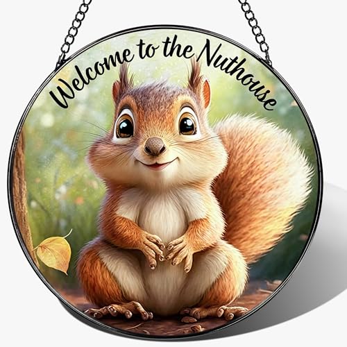 Stained Glass Window Hanging 8" Welcome to the Nuthouse Squirrel Sun Catchers, Stained Glass Suncatcher Decor for Christmas, Birthday, Housewarming, Gift for Squirrel Lover Friend Coworker Neighbor - color: Squirrel