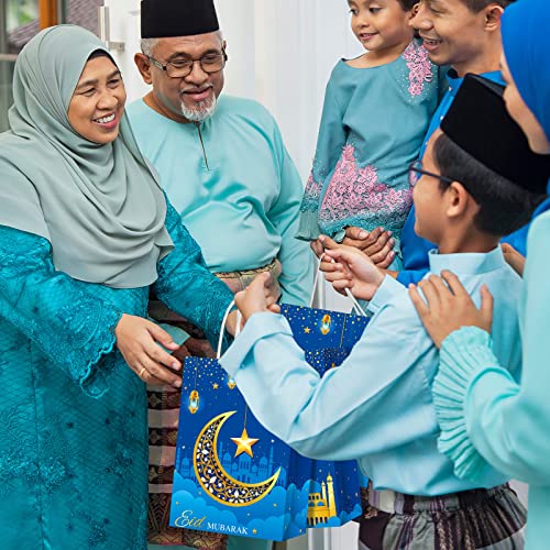 Censen 16 Sets Eid Mubarak Gift Bags with Tissue Paper, Ramadan Goodies Bags for Ramadan Party Supplies Favor (Blue) - color: Blue