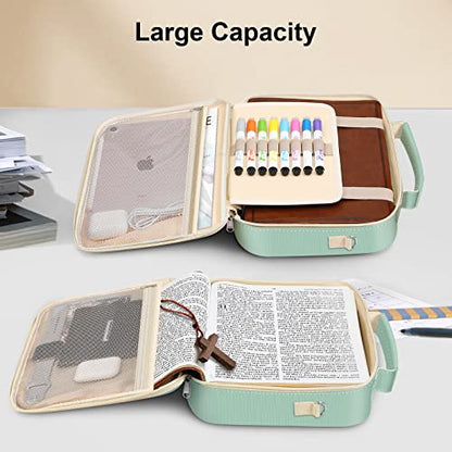 FINPAC Large Bible Cover w/Shoulder Strap, Carrying Book Case Church Bag Bible Protective w/Pen Slots and Zippered Pocket, Gift for Women Lady, Light Green - color: Light Green