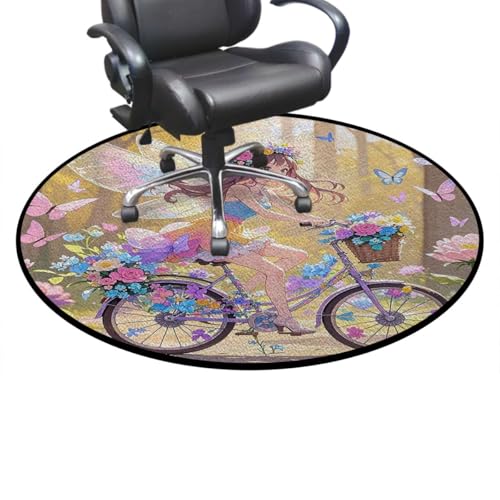 Bicycle Girl Round Gaming Chair Mat for Hardwood Floors, Floral Nature Scene Anti-Slip Office & Desk Chair Protector for Rolling Chairs, Multicolor Diameter 39.4 in - color: Bicycle Girl_1465, size: Diameter 39.4 in