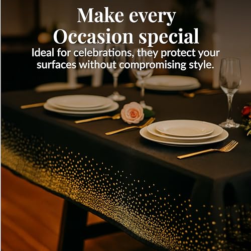 Prestee 12-Pack Black and Gold Dots Disposable Tablecloths – 108x54 Inch Waterproof Plastic Table Covers – Elegant, Heavy-Duty Party Tablecloths for Weddings, Birthdays, Holidays, and Events - color: Black/Gold, size: Rectangle (12 Pack)