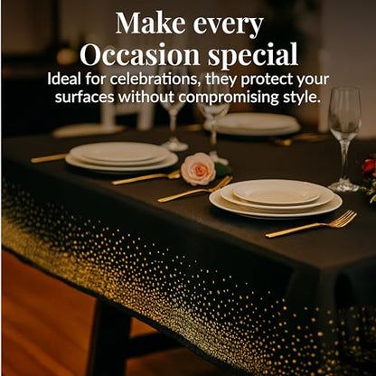 Prestee 12-Pack Black and Gold Dots Disposable Tablecloths – 108x54 Inch Waterproof Plastic Table Covers – Elegant, Heavy-Duty Party Tablecloths for Weddings, Birthdays, Holidays, and Events - color: Black/Gold, size: Rectangle (12 Pack)