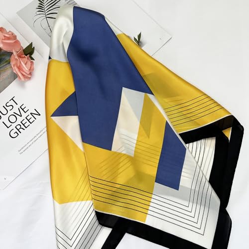 FONYVE Silk Feeling Scarf Medium Square Satin Head Scarf for Women 27.5 × 27.5 inches - color: 04 Geometric Blue & Yellow