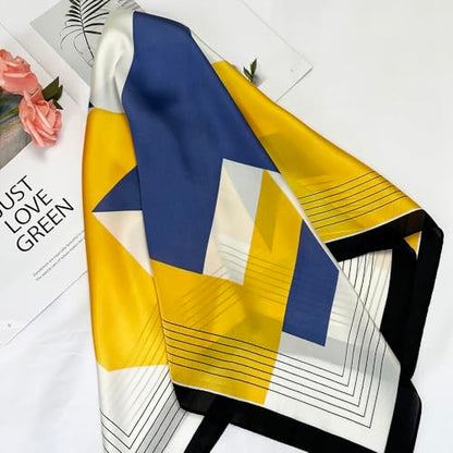 FONYVE Silk Feeling Scarf Medium Square Satin Head Scarf for Women 27.5 × 27.5 inches - color: 04 Geometric Blue & Yellow