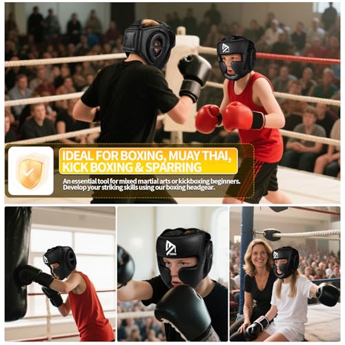 𝗣𝗥𝗘𝗠𝗜𝗨𝗠 Youth Kids Boxing Headgear, MMA Training Sparring Safety Head Guard, Boxing Head Gear Helmet for Training Kickboxing Sparring Karate Taekwondo Muay Thai - size: Small