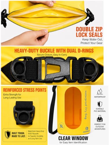 Freegrace Waterproof Dry Bag Set of 3 - Submersible Dry Sack with Double Zip Lock Seals - Includes Waist Pouch & Phone Case - Perfect for Kayaking, Swimming, Boating & Rafting (Yellow(Window), 5L) - color: Yellow, size: 5L, style: Window