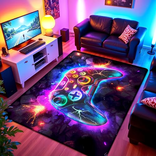 3x5 ft Neon Gaming Area Rug for Boys Room, Colorful Game Controller Carpet for Gamer Room Decor, Low Pile Non-Slip Video Game Rug for Teens Playroom or Game Zone - 03 - size: 3x5 ft