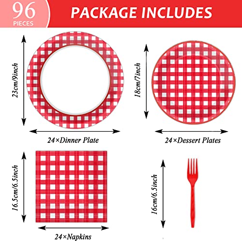 Tevxj 96 PCS Picnic Party Plates Red and White Gingham Checkered Plaid Party Tableware Barbecue Disposable Paper Plates Napkins Forks Birthday Party Decorations Supplies Favors for 24 Guests - style: Red and White Checkered