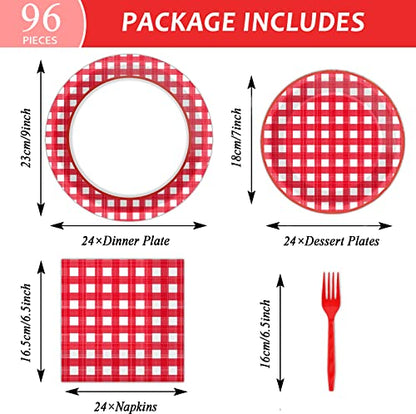 Tevxj 96 PCS Picnic Party Plates Red and White Gingham Checkered Plaid Party Tableware Barbecue Disposable Paper Plates Napkins Forks Birthday Party Decorations Supplies Favors for 24 Guests - style: Red and White Checkered
