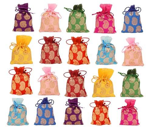 Touchstone Drawstring Bags Traditional Indian Handcrafted Fabric Perfect for Gifts Jewelry Weddings Pouches Purses Potli - color: -페이즐리_멀티컬러 (20개 팩), size: 3x3 inches