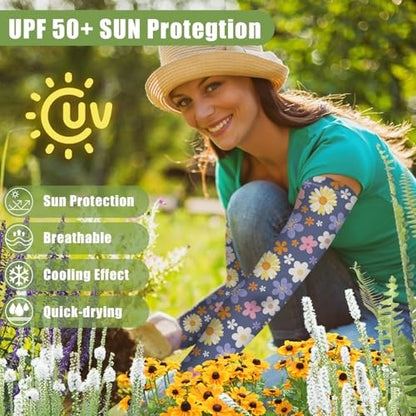 Bebila Gardening Sleeves for Women Farm UV Sun Protection Anti-Scratch Cooling Sleeves with Thumb Hole Arms Cover Outdoors - color: Deep Blue Flower