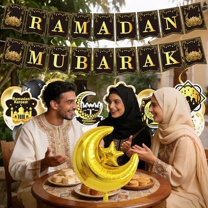 Ramadan Decorations for Home, 27PCS Black and Gold Ramadan Mubarak Banner, Hanging Swirls, Moon and Star Balloon for Muslim Islamic Eid Mubarak Festival Al-Fitr Iftar Party Favors Supplies