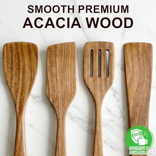 Best Non Toxic Wooden Spatula for Cooking Utensil Set Acacia Wood Spatula Set of 4, Bamboo Cooking Spoon Flat Slotted Turner Spatulas for Kitchen Use Cast Iron Scraper Spurtle Thin Egg Flipper Spatula - color: 4Pcs-Spatula