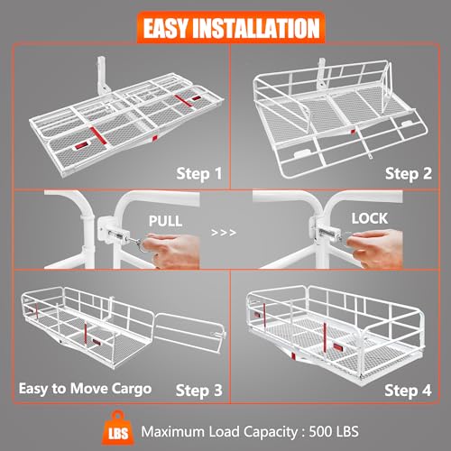 KAIRAY 500 Lbs Heavy Duty Hitch Mount Cargo Carrier 60" x 24" x 14.4" Folding Cargo Rack Rear Luggage Basket Fits 2" Receiver for Car SUV Camping Traveling (White) - color: White, size: Hitch Cargo Basket only - 60" x 24" x 14.4"