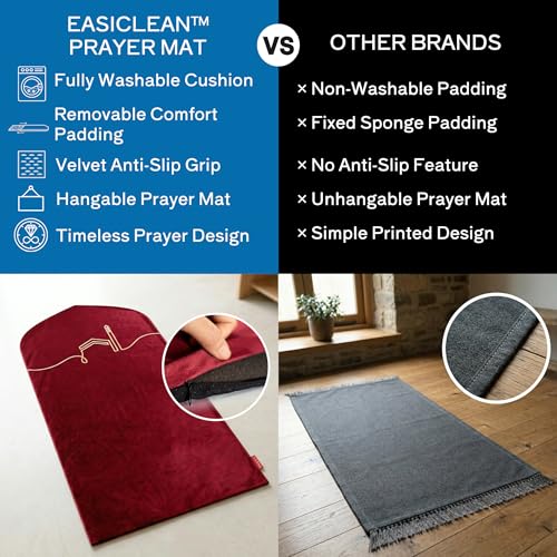 TAKVA EasiClean™ Indoor Prayer Mat | Kaaba Collection (ComfitPlus, Kaaba Maroon) Padded Memory Foam Prayer Rug, Muslim, Islamic Prayer Rugs - color: Kaaba Maroon