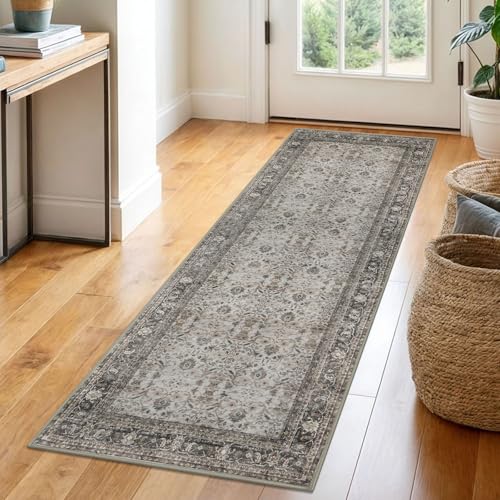 SIILOOM 2x6 Washable Runner Rug for Hallways, Ivory Grey Soft Vintage Tribal Kitchen Rugs with Slip-Resistant, Non-Shedding Tribal Floral Rug for Bedroom Kitchen Porch Laundry Entryway - color: Ivory/Grey, size: 2' x 6' (Runner)