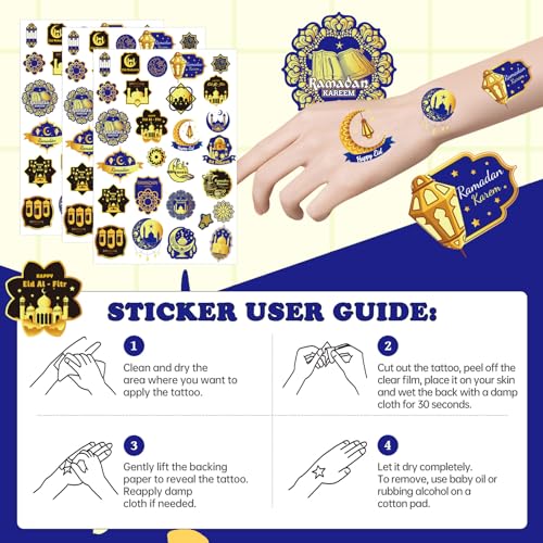 Happy Ramadan Mubarak Temporary Tattoos, 8 Sheets Eid Al Adha Ramadan Kareem Party Decorations, Moon Star Tattoo Stickers for Eid Mubarak Festival Gifts Party Favors Supplies