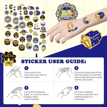 Happy Ramadan Mubarak Temporary Tattoos, 8 Sheets Eid Al Adha Ramadan Kareem Party Decorations, Moon Star Tattoo Stickers for Eid Mubarak Festival Gifts Party Favors Supplies