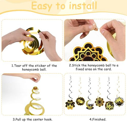 Ramadan Decorations for Home, 27PCS Black and Gold Ramadan Mubarak Banner, Hanging Swirls, Moon and Star Balloon for Muslim Islamic Eid Mubarak Festival Al-Fitr Iftar Party Favors Supplies