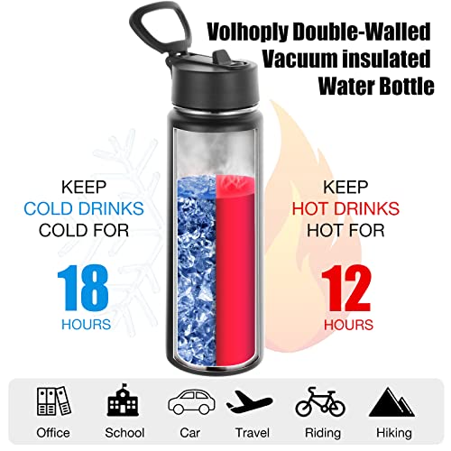 Volhoply Insulated Water Bottles with Straw Bulk 4 Pack, 22 oz Stainless Steel Sports Bottle with Handle Lid,Double Walled Vacuum Metal Travel Water Cups with Wide Mouth for Cold Drink(Black,4 Set) - color: Black