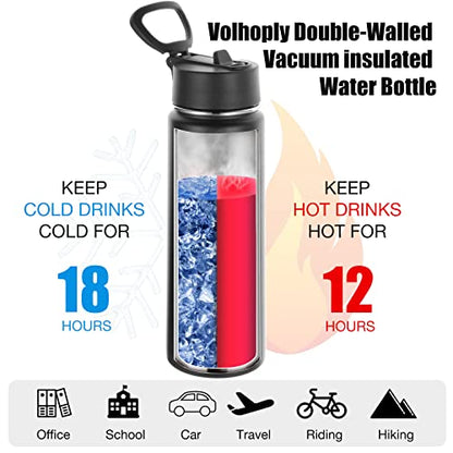 Volhoply Insulated Water Bottles with Straw Bulk 4 Pack, 22 oz Stainless Steel Sports Bottle with Handle Lid,Double Walled Vacuum Metal Travel Water Cups with Wide Mouth for Cold Drink(Black,4 Set) - color: Black