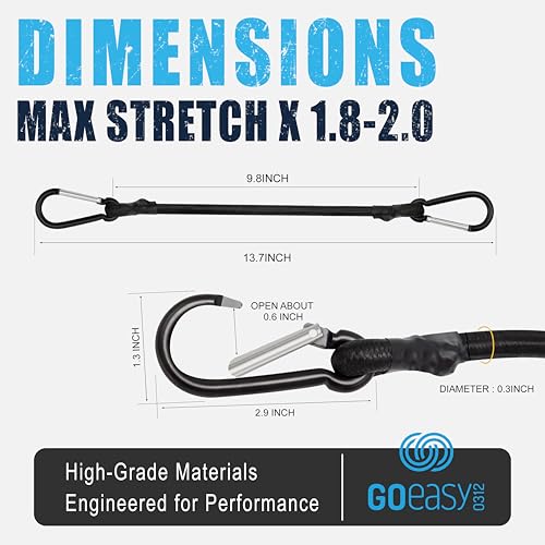 GOEASY0312 Bungee Cords with Hooks Heavy Duty 18" Carabiner, 4PCS Black | 200 LBS Max Break Strength, UV Resistant, Locking Carabiner Hooks, Double-Braided Latex & Rubber - color: Black