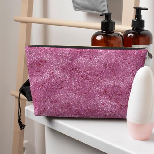Leather Makeup Bag for Purse, Waterproof Small Toiletry Bag with Zipper, Cute Cosmetic Bags for Women, Pink Glitter with Tiny Travel Pouch - color: Pink Glitter With Tiny