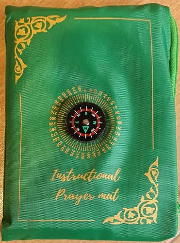Goodword Praying Rug Travel Prayer Mat Compass Pocket Sized Carry Islamic Prayer Rug Muslim Prayer Mat Janamaz Sajadah Muslim How to Pray Salat Instructional Prayer Mat Portable (Green - Gold Print) - color: Green - Gold Print