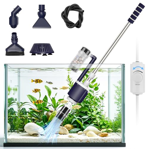 AQQA 600 GPH Electric Aquarium Gravel Cleaner 6-in-1 Fish Tank Vacuum | Cleaner & Water Changer with Stainless Steel Handle & 3-Stage Filter Cup for Turtle Tanks, Adjustable Flow 34W