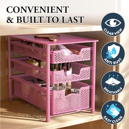 Simple Houseware Stackable 3 Tier Sliding Basket Organizer Drawer, Pink - color: Pink, size: 3-Tier
