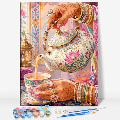 Aeontinity Indian CHAI Islam Framed Canvas DIY Paint by Numbers Kit Bar Cafe Cave Home Room Wall Bathroom Porch Patio Decor Gift, 16 x 12 Inch - color: INDIAN CHAI - 16 x 12 Inch
