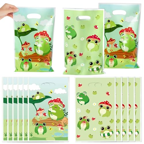 ANGOLIO Frog Party Favor Bags - 50Pcs Cartoon Frog Goody Candy Treat Plastic Gift Bags, Mushroom Lotus Leaves Animals Themed Party Supplies for Kids Birthday Baby Shower Wedding Event Decorations - color: Green Frog