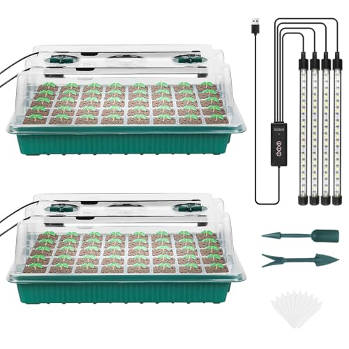 Sondiko Seed Starter Tray with Grow Light, 80 Cells Starter Kit | Seedling Tray Kit with Humidity Dome, Adjustable Brightness Plant Starter Trays, Indoor Plants Germination Kit(2 Pack) - color: Green