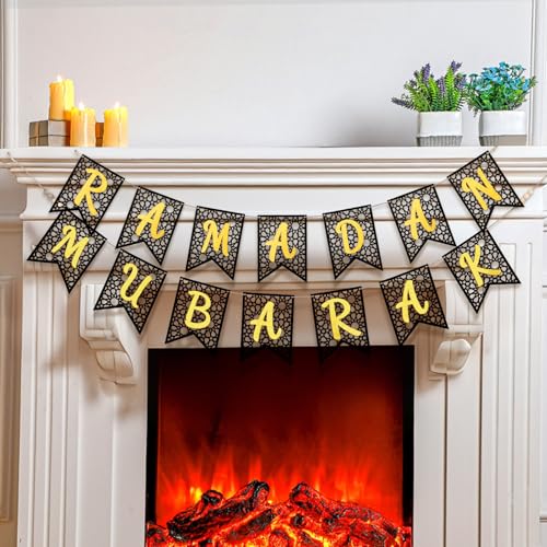 SmoothNovelty 2 Pcs Eid Ramadan Mubarak Banner Wooden Ramadan Mubarak Decoration Rustic Bead Decorations Banner Muslim Party Decor Supplies for Home Fireplace Indoor Outdoor (Black Chip) - color: Black Chip