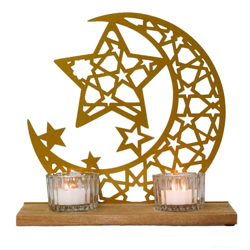 Gold Ramadan Decorations for Home, Star and Crescent Moon Silhouette Tealight Candle Holder with 2 Glass Votives, Wooden Tray Eid Mubarak Table Decor Centerpiece, Islamic Ramadan Kareem Gifts