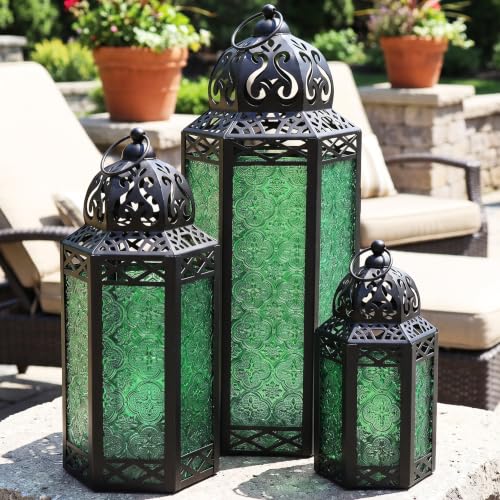 VELA LANTERNS Set of 3 Green Glass & Black Metal Moroccan Candle Lantern Holders (XL, Large, Small) - Decorative Indoor/Outdoor Decor for Patio, Floor, Weddings & Ramadan - color: Green
