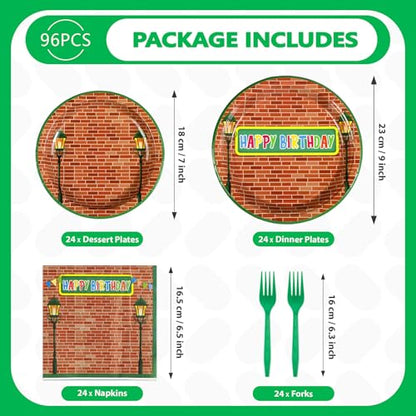 Grencian 96 Red Brick Wall Street Party Supplies Modern Cartoon Sesame Plates and Napkins Tableware Sets Sesame Birthday Disposable Plate for Kids Birthday Baby Shower Serves 24 - style: Sesame Birthday
